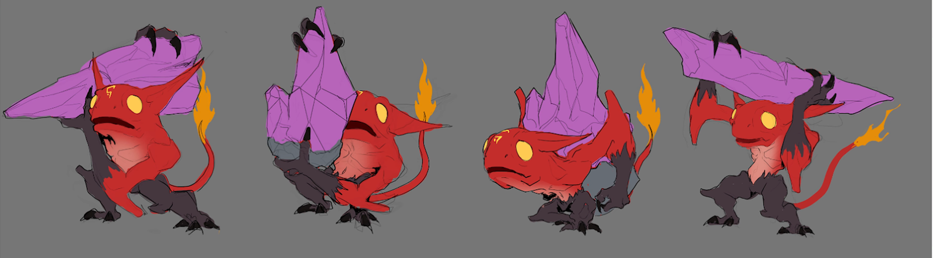 Concept art of Stormgate's Infernal Imp, featuring 4 different poses carrying a purple crystal with both hands