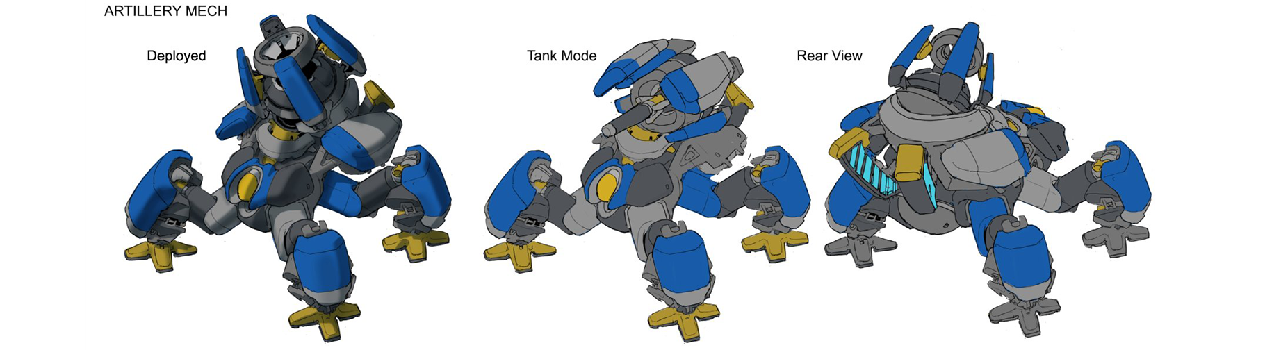 An artillery mech with 4 legs and a cannon on top, showcasing its Deployed Mode with a gun aiming up, Tank Mode aiming horizontally, and Rear View.