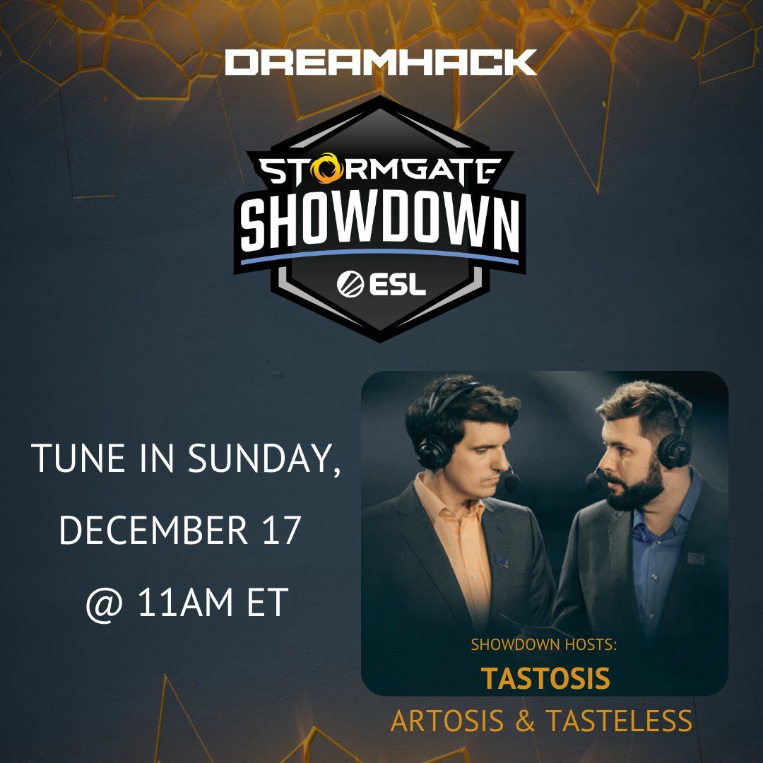 Tastless and Artosis promo card for Stormgate Showdown at Dreamhack Atlanta