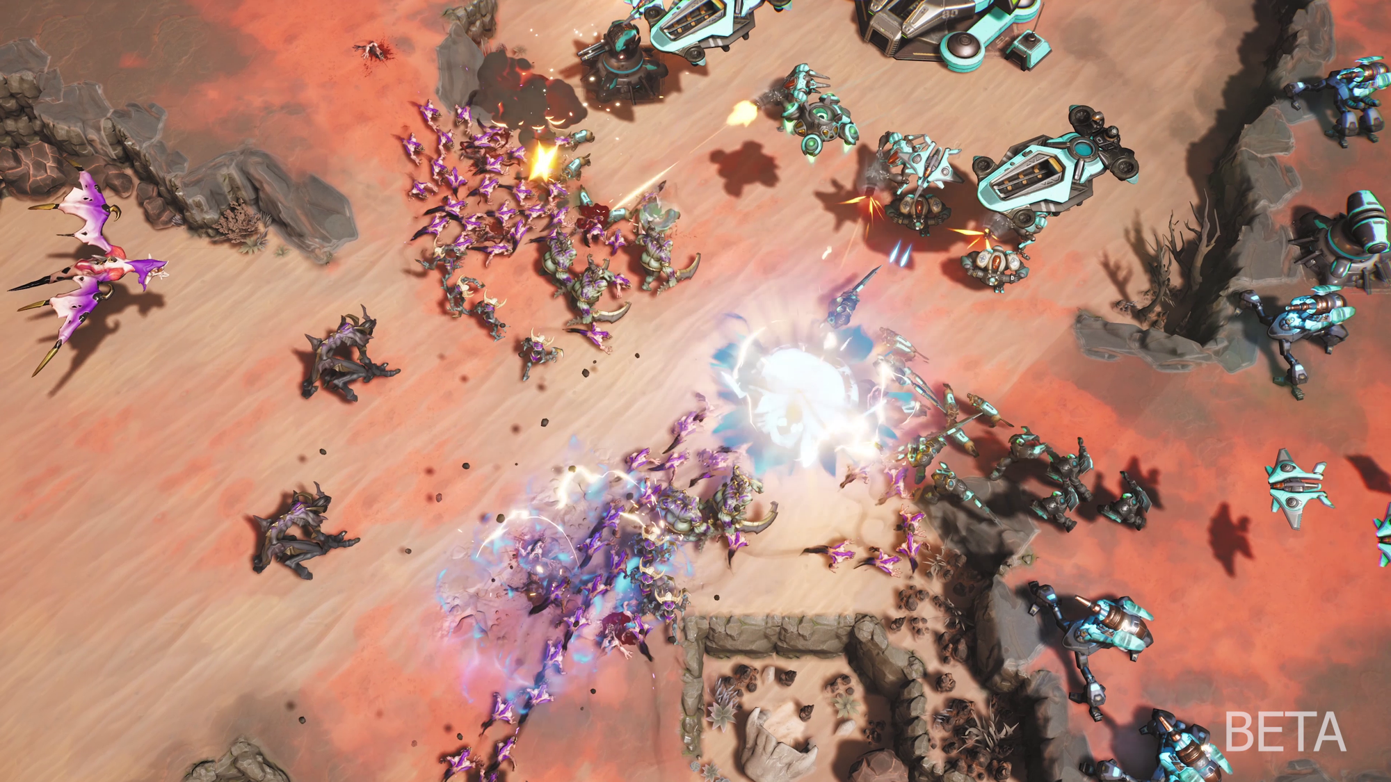 Stormgate Infernals vs Vanguard Gameplay screenshot on a desert map
